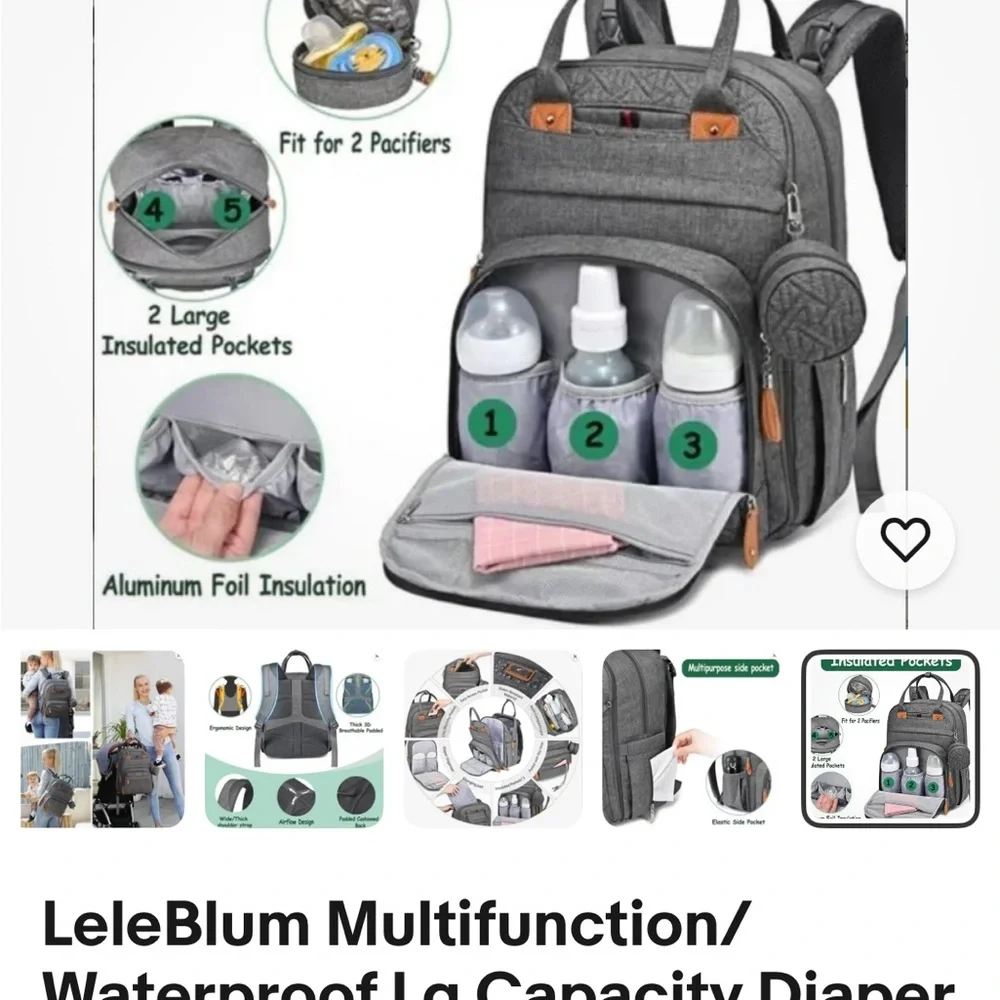 Leleblum Black Quilted Diaper Bag Backpack Travel Laptop Bag Pacifier Pouch‎